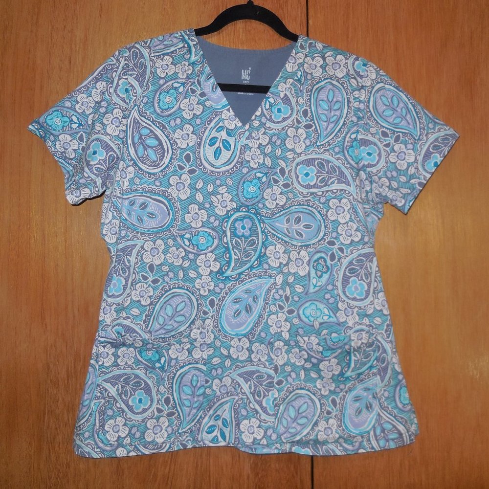 3 for $24, Med Couture, size large, grey and teal paisley scrub top.